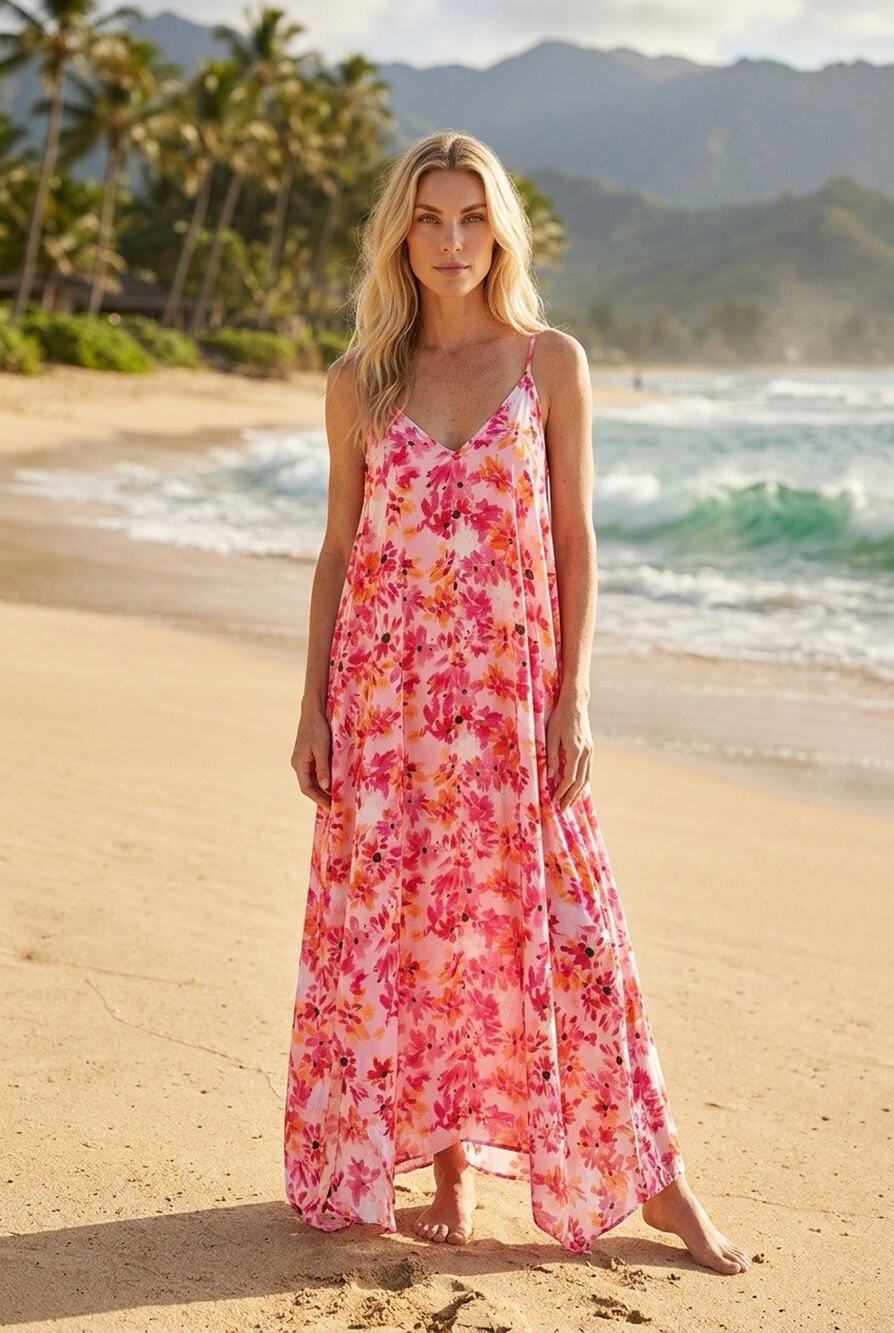 Van Winkle Pink Orange Tropical Maxi Dress Beach Coastal Boho Pockets Womens 1X